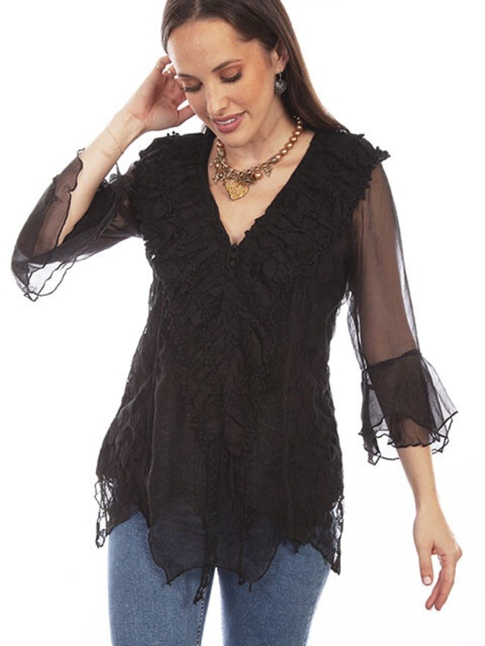 Scully Honey Creek 90’s/Y2K style Whimsigoth Ruffle & Lace V-Neck Blouse medium
